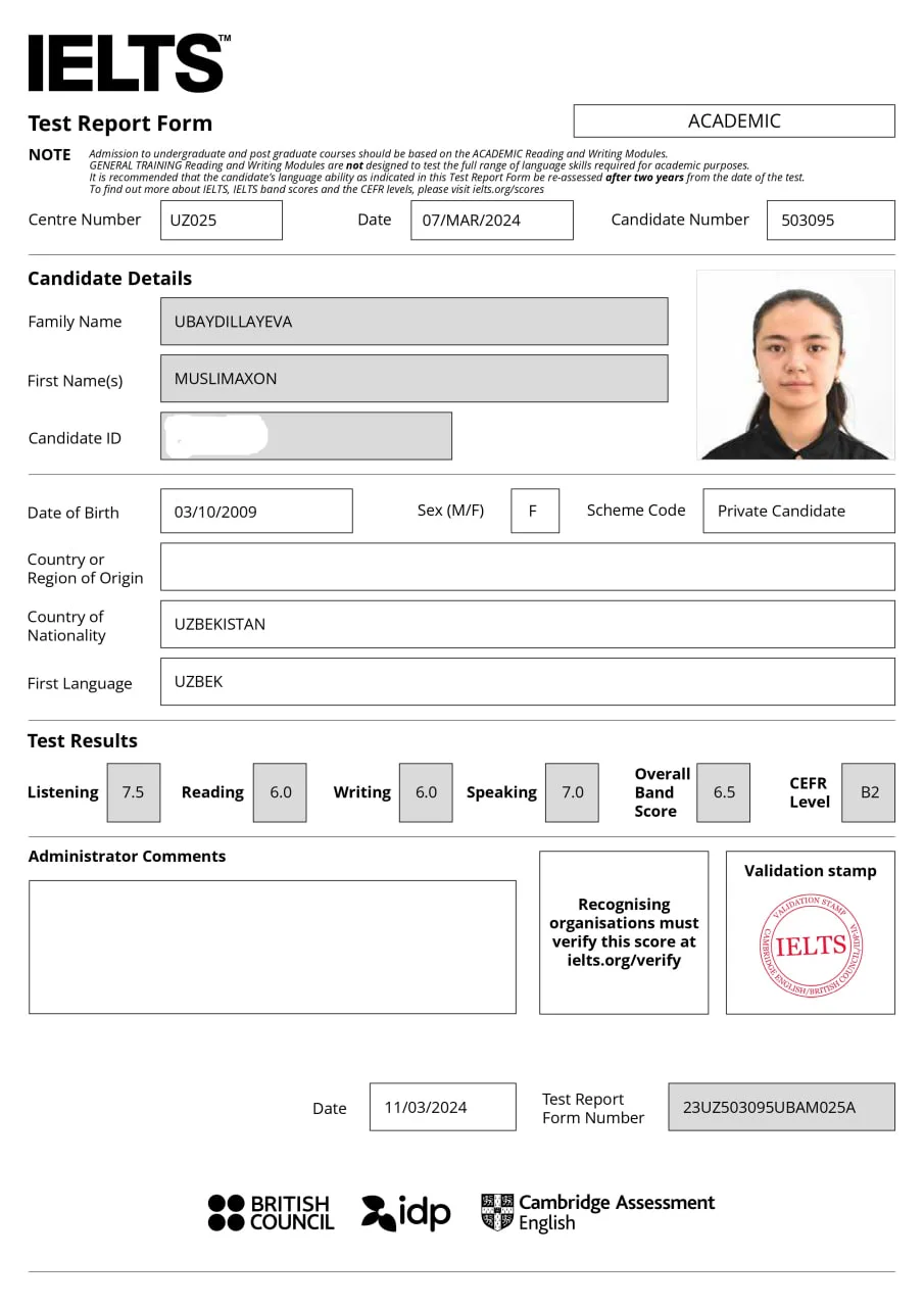 IELTS Overall Band Score 6.5 certificate
