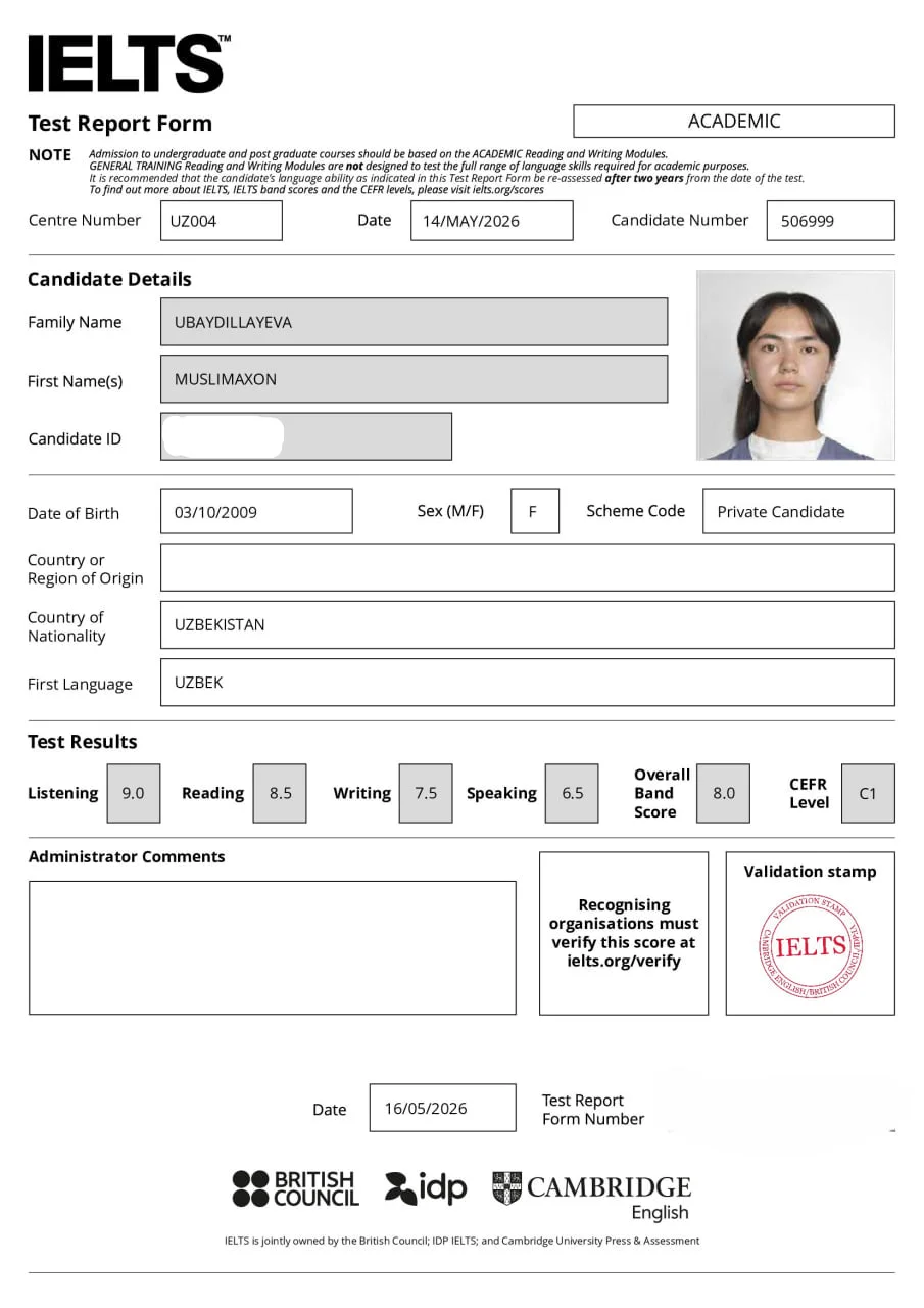 IELTS Overall Band Score 8.0 certificate